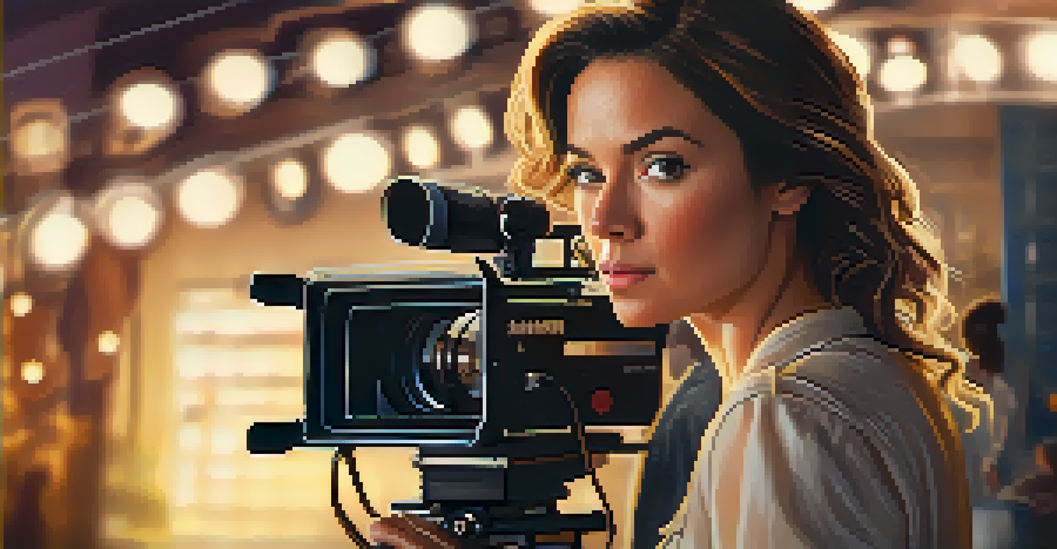 A female director on a film set, holding a clapperboard and focusing on the camera, with a busy crew in the background.