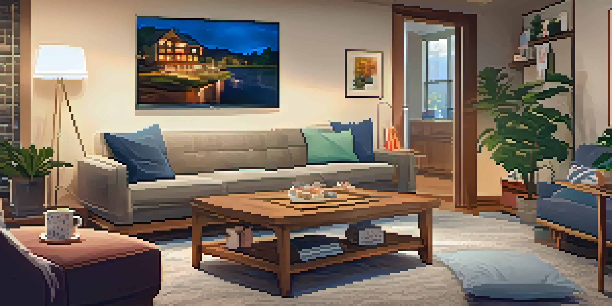 A cozy living room with a family enjoying a movie night on a large screen displaying a streaming service.