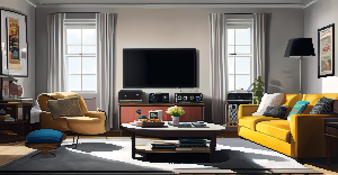A cozy living room with a vintage television displaying a black and white comedy film, a comfortable sofa, and a cat lounging.