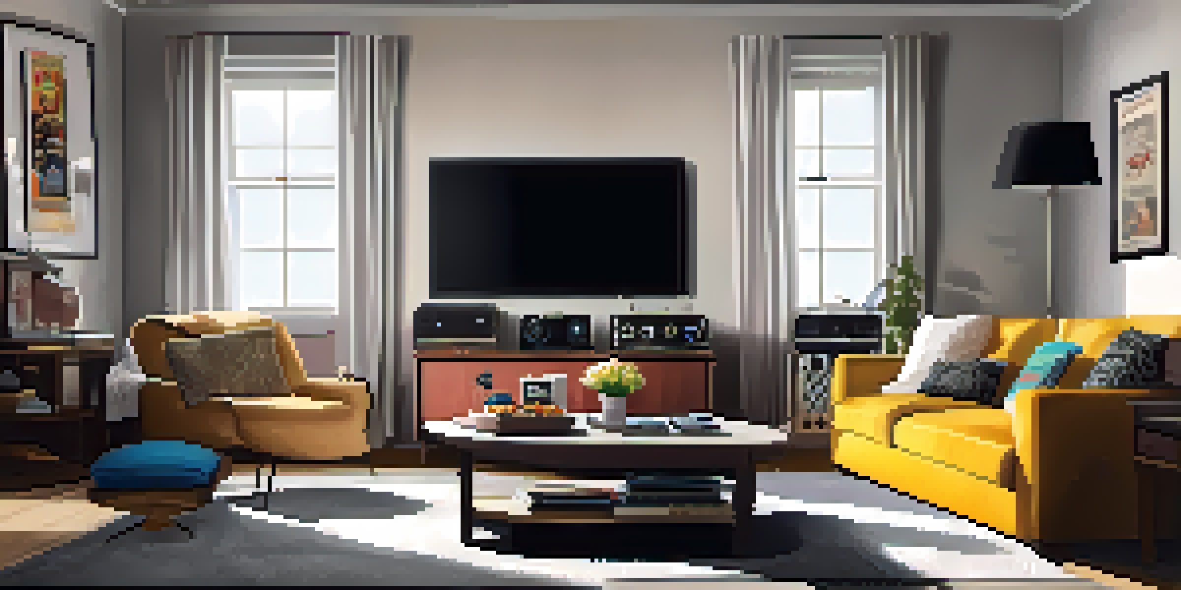 A cozy living room with a vintage television displaying a black and white comedy film, a comfortable sofa, and a cat lounging.