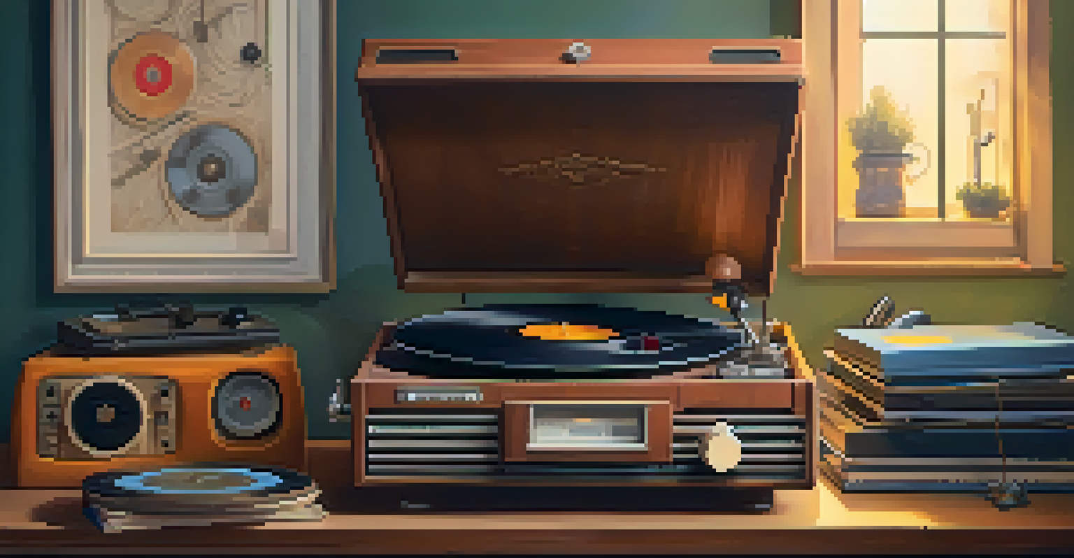A vintage vinyl record player surrounded by classic soundtracks in a cozy setting.