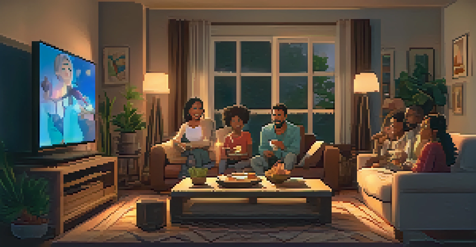 A multicultural family enjoying a film together in a cozy living room with warm lighting and comfortable furnishings.