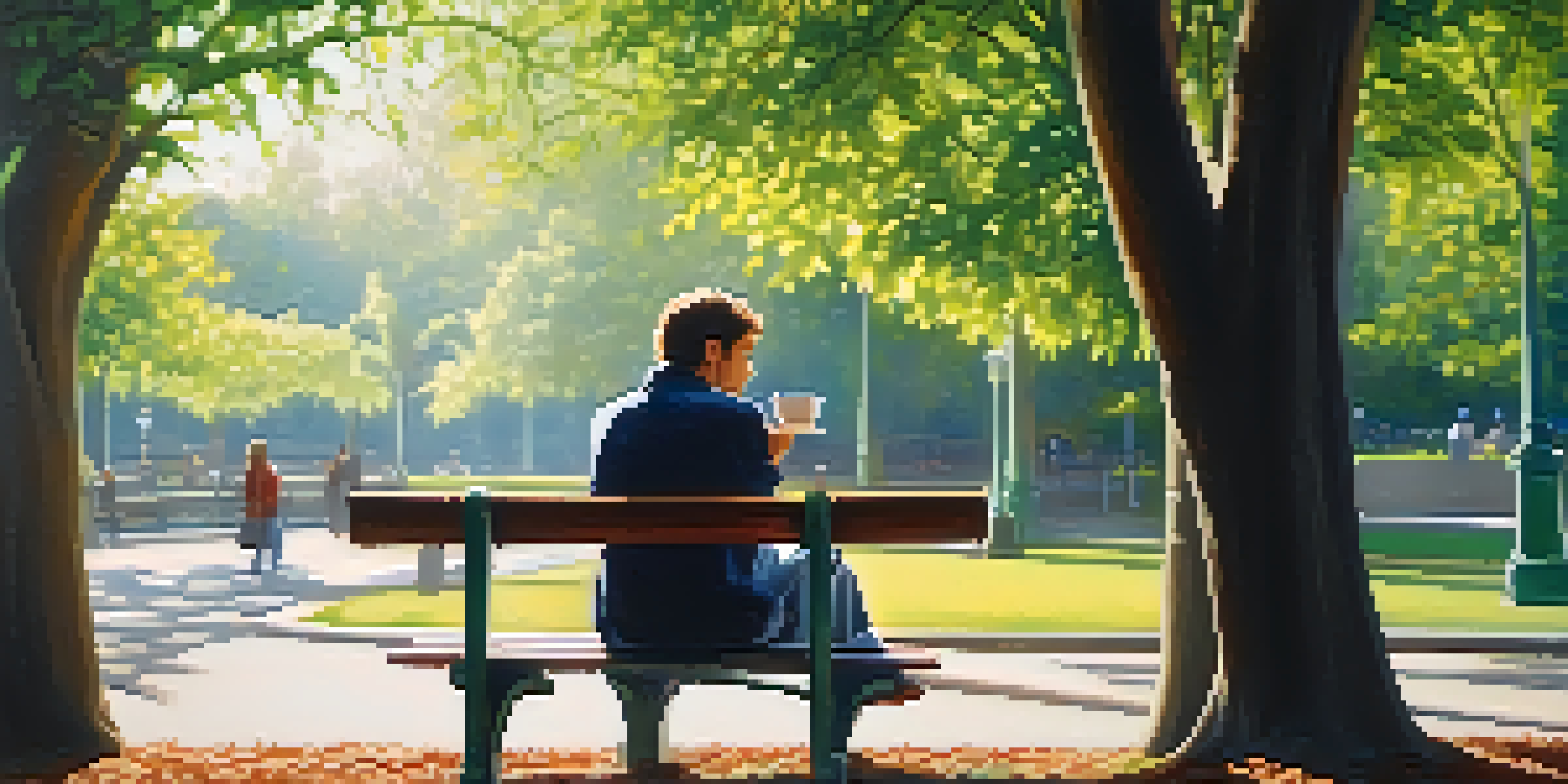 A celebrity looking contemplative while sitting alone on a park bench in a sunny park.
