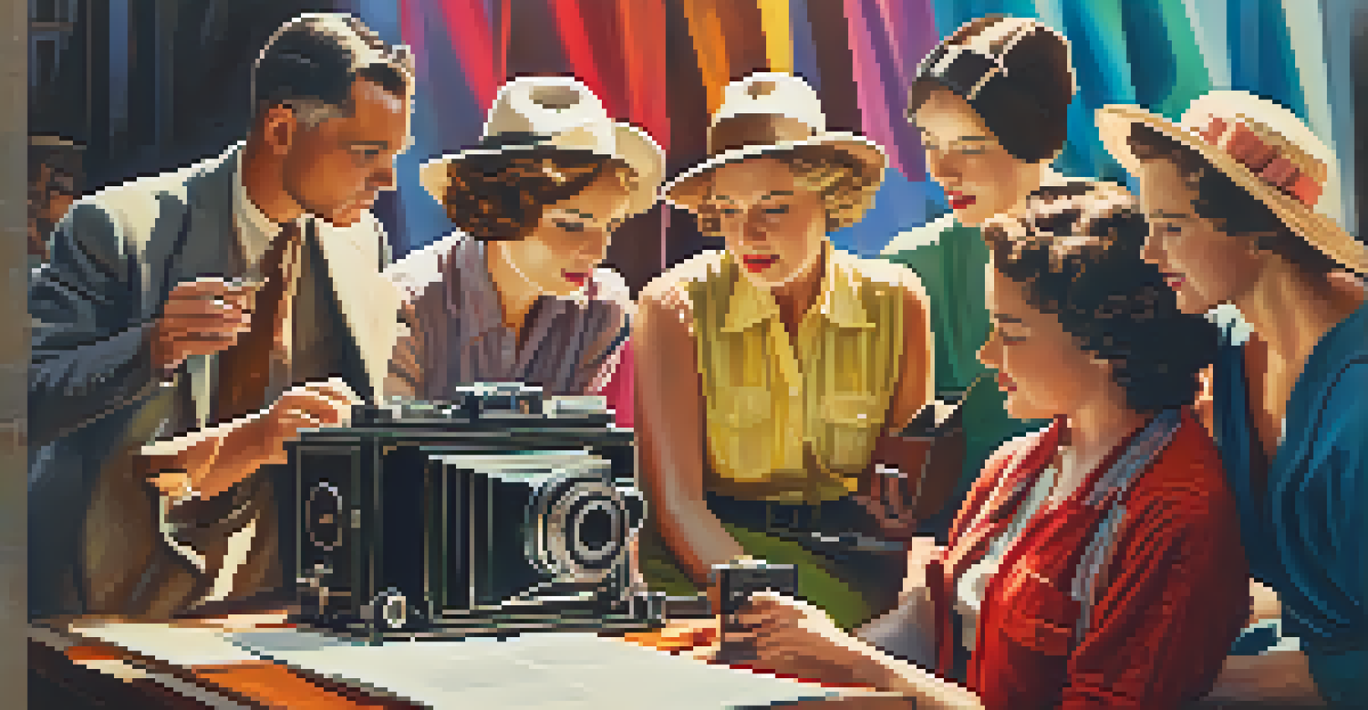 A group of women filmmakers from the 1930s discussing a script around a vintage film camera on a studio lot.