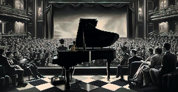 A vintage cinema with a musician playing piano for an audience dressed in period clothing, illuminated by warm lighting, showcasing a nostalgic atmosphere.