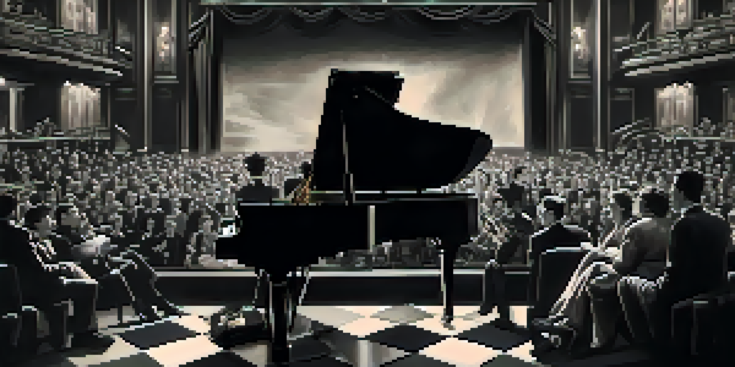 A vintage cinema with a musician playing piano for an audience dressed in period clothing, illuminated by warm lighting, showcasing a nostalgic atmosphere.