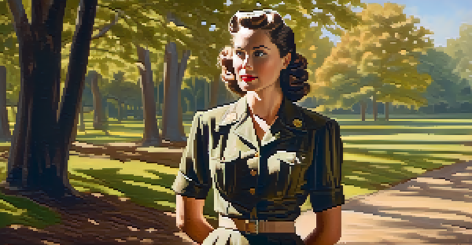 A confident woman in 1940s attire stands in front of a wartime backdrop, with sunlight filtering through trees, showcasing her determination.