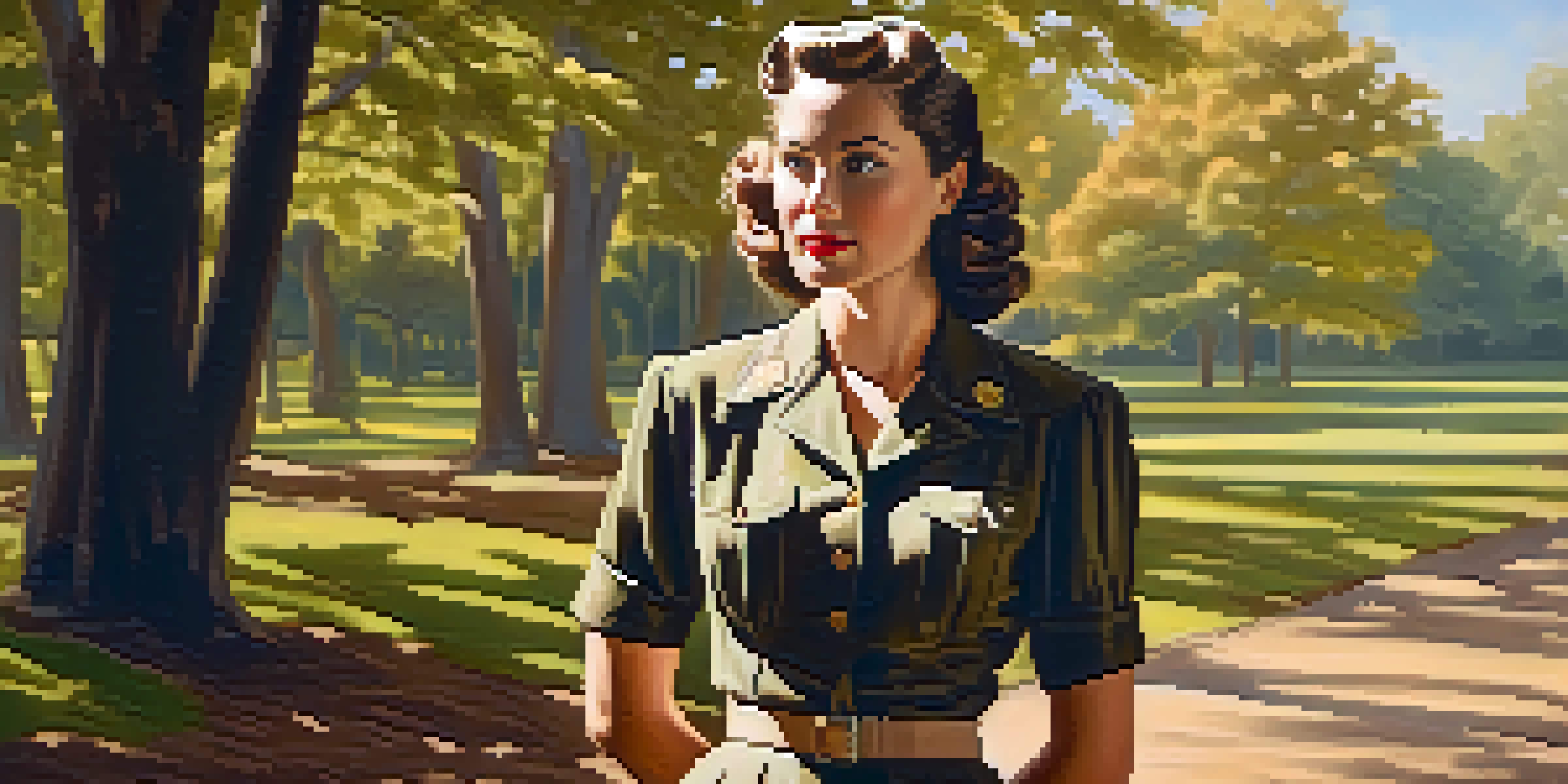 A confident woman in 1940s attire stands in front of a wartime backdrop, with sunlight filtering through trees, showcasing her determination.