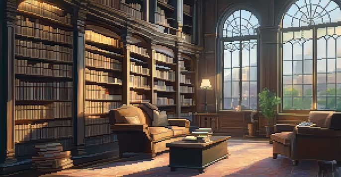 A cozy library with wooden bookshelves, warm lighting, and a comfortable armchair.