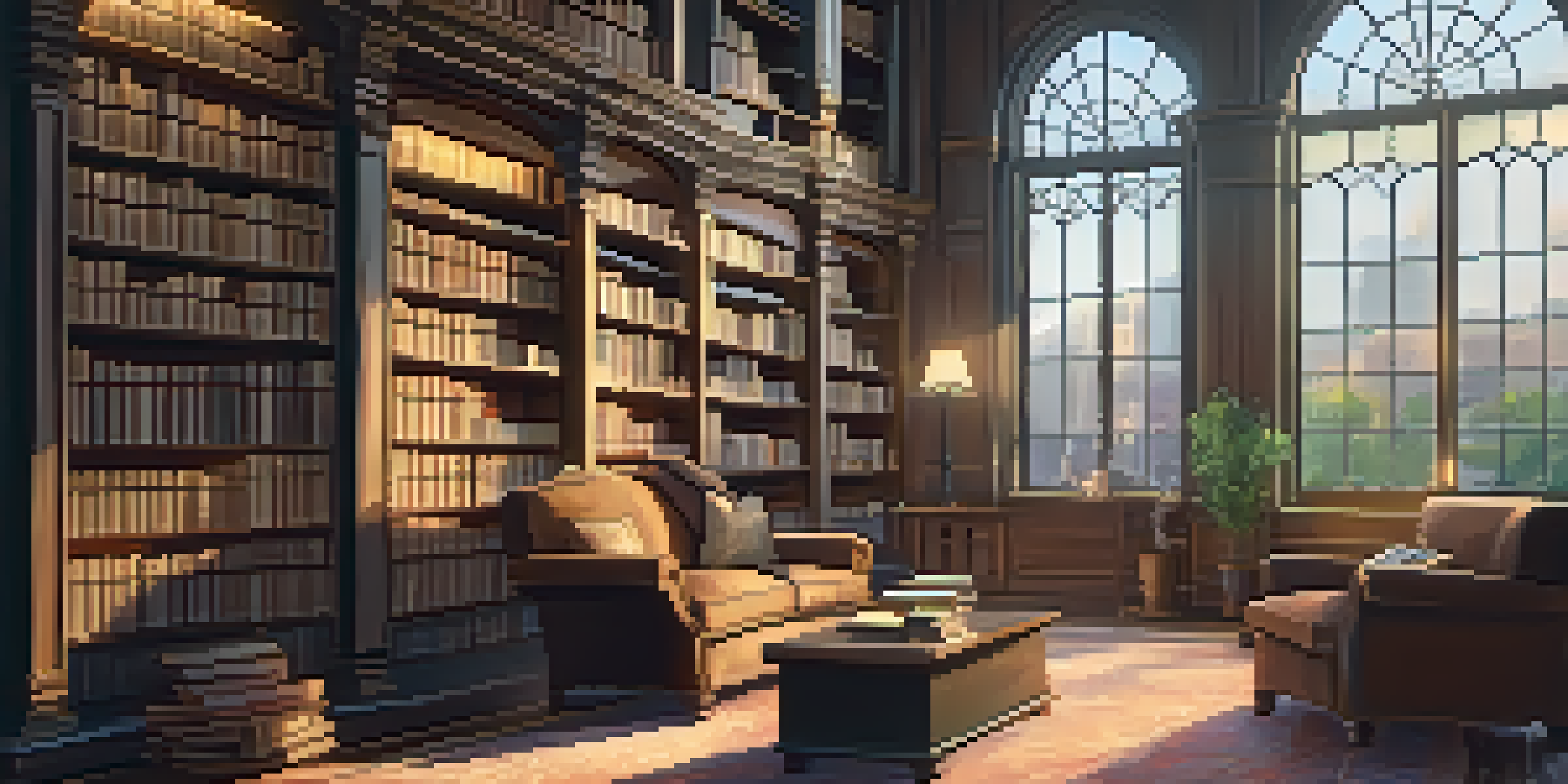 A cozy library with wooden bookshelves, warm lighting, and a comfortable armchair.