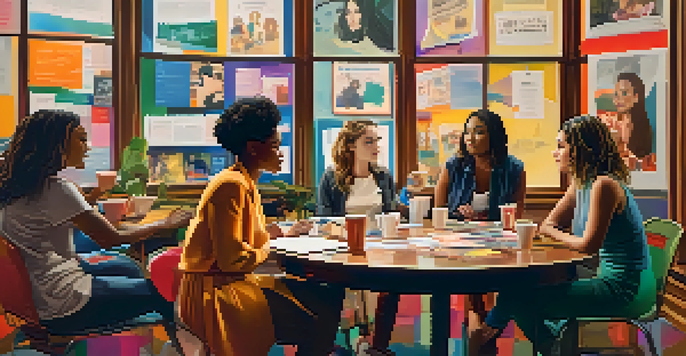 A diverse group of female filmmakers discussing their projects on a bright film set with colorful posters and a large round table filled with scripts and coffee cups.