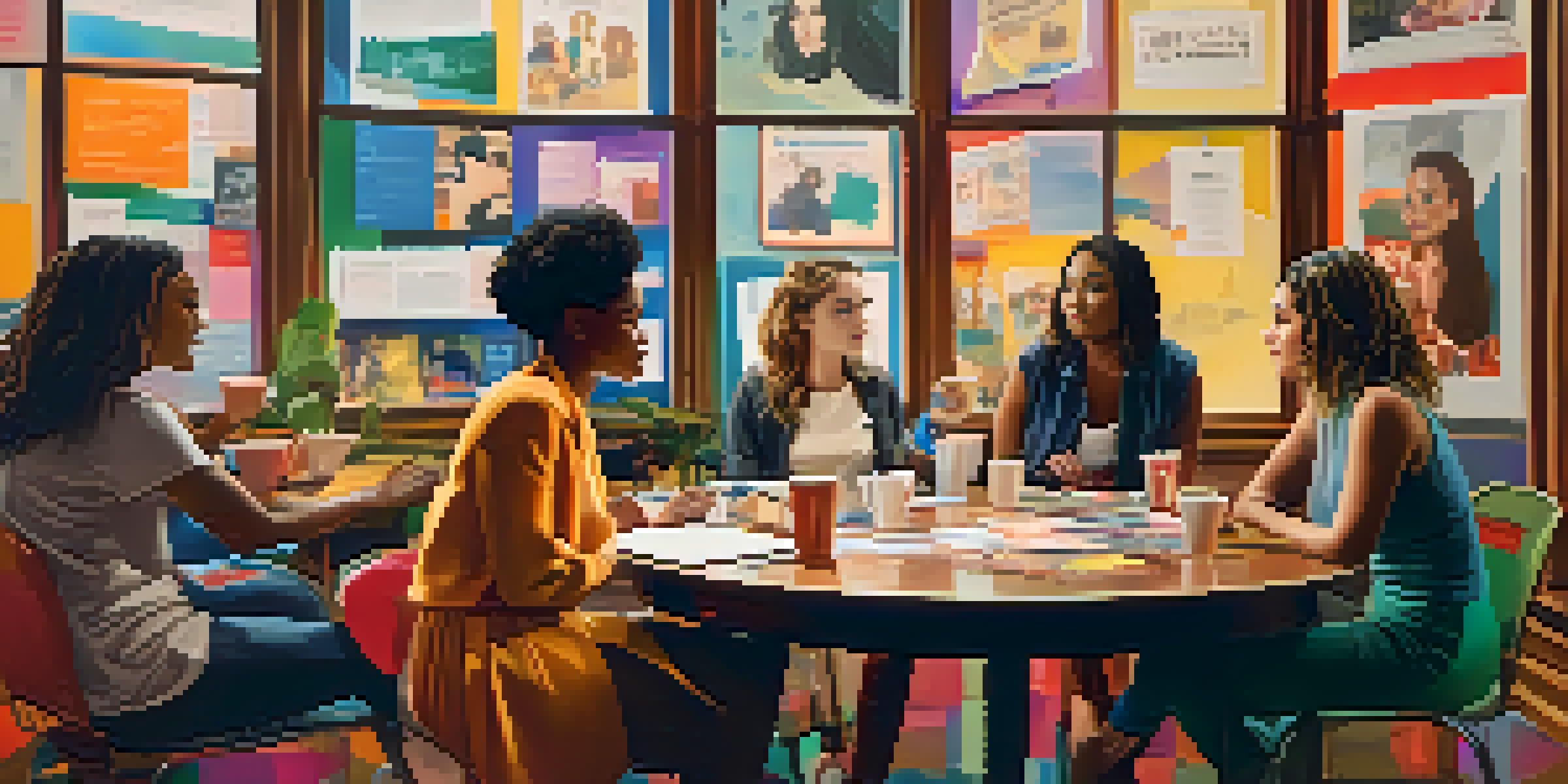 A diverse group of female filmmakers discussing their projects on a bright film set with colorful posters and a large round table filled with scripts and coffee cups.
