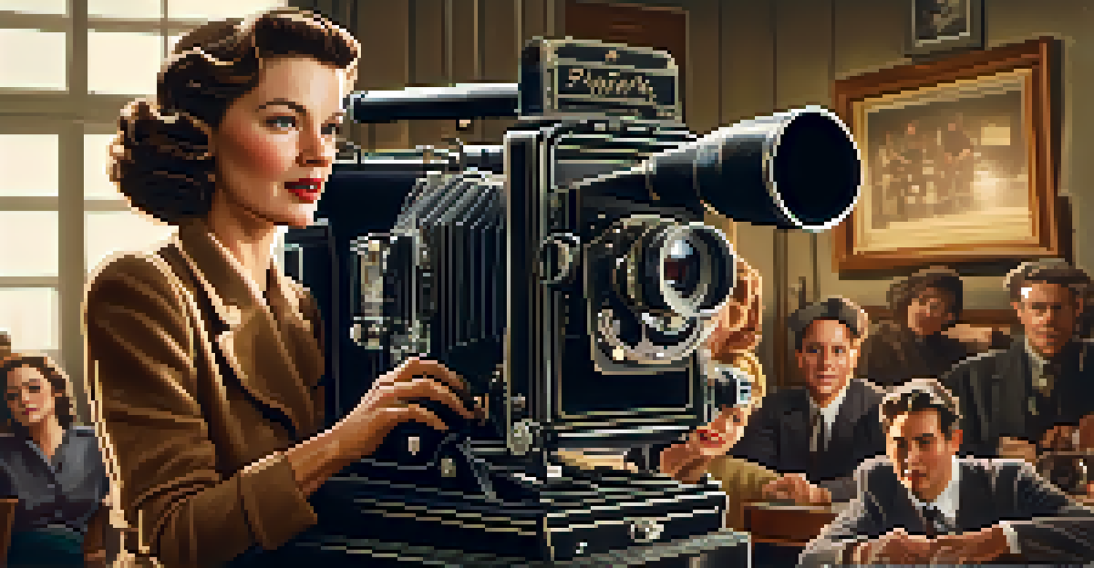 A female director from the 1940s passionately gesturing on a film set, surrounded by crew members and vintage film equipment.