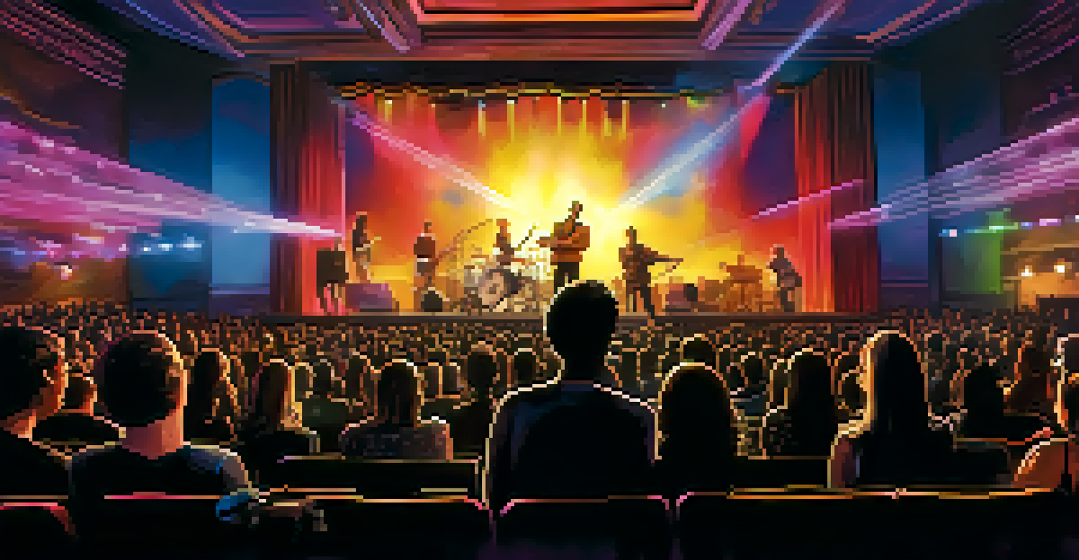 A concert with a musician performing live music for a film screening, colorful lights, and a captivated audience with a large screen in the background.