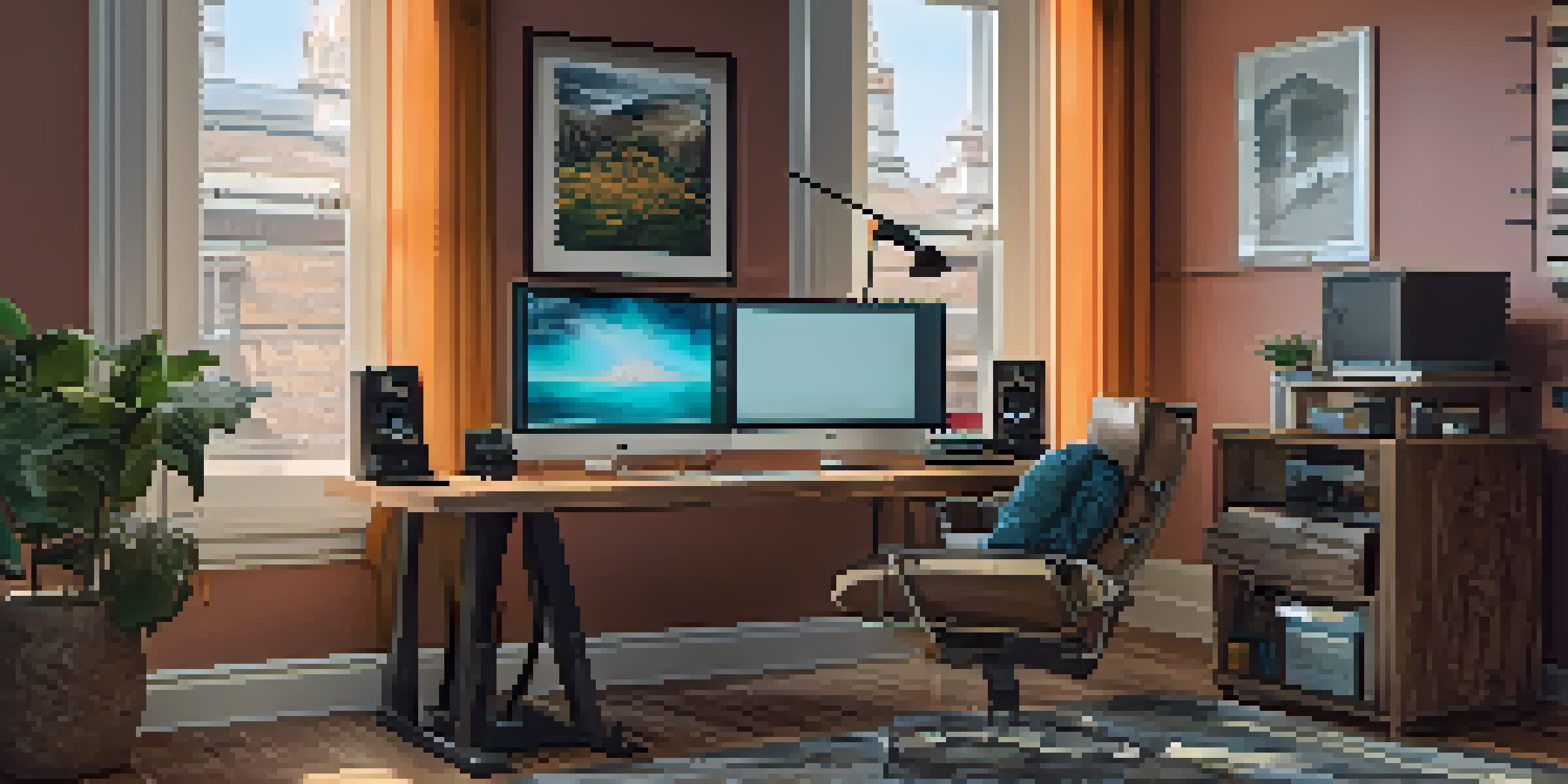 A video editing workspace with dual monitors, colorful film clips on the screens, and a warm atmosphere created by natural light from a window.