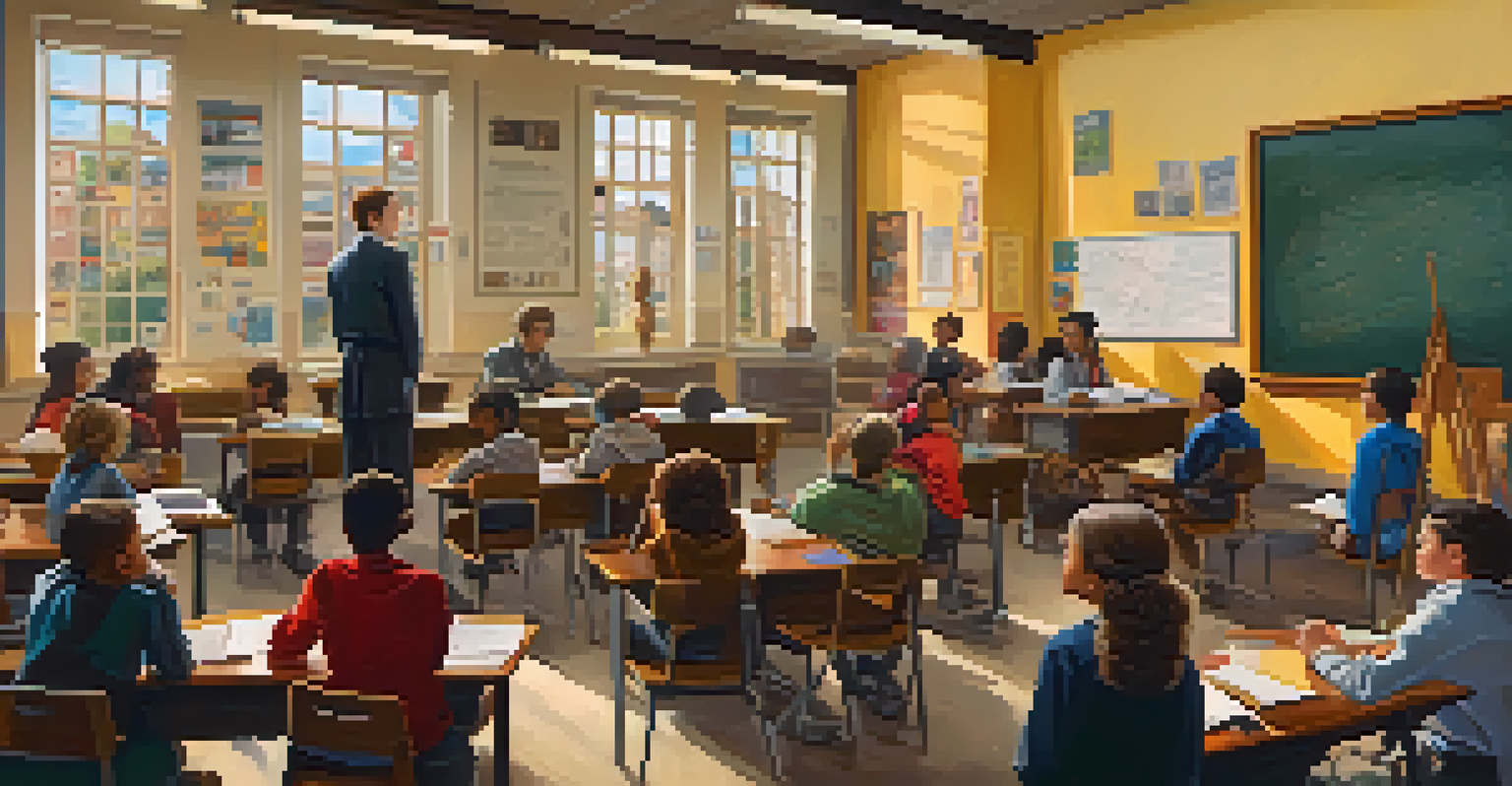 Students in a colorful classroom watching a historical film, with a teacher guiding the discussion.