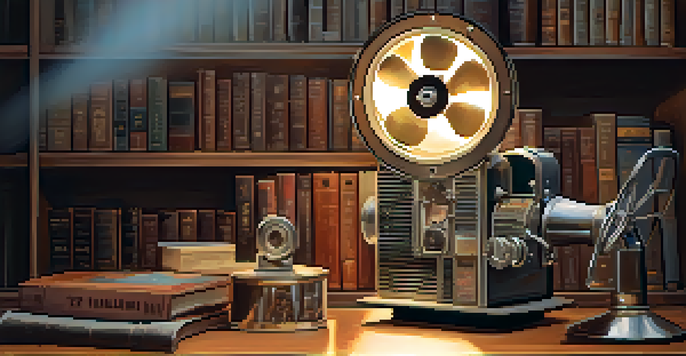 A vintage film projector in a dimly lit room, casting light on a faded classic movie poster with film memorabilia around.