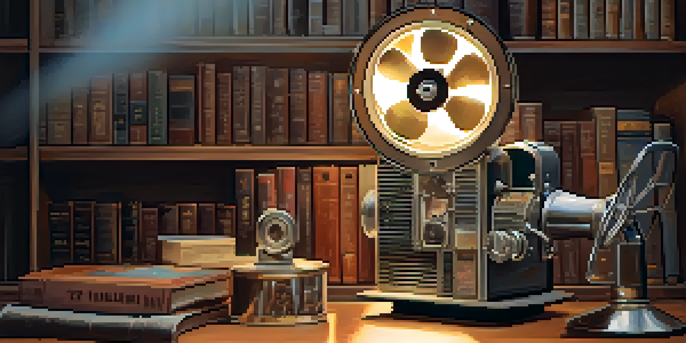 A vintage film projector in a dimly lit room, casting light on a faded classic movie poster with film memorabilia around.