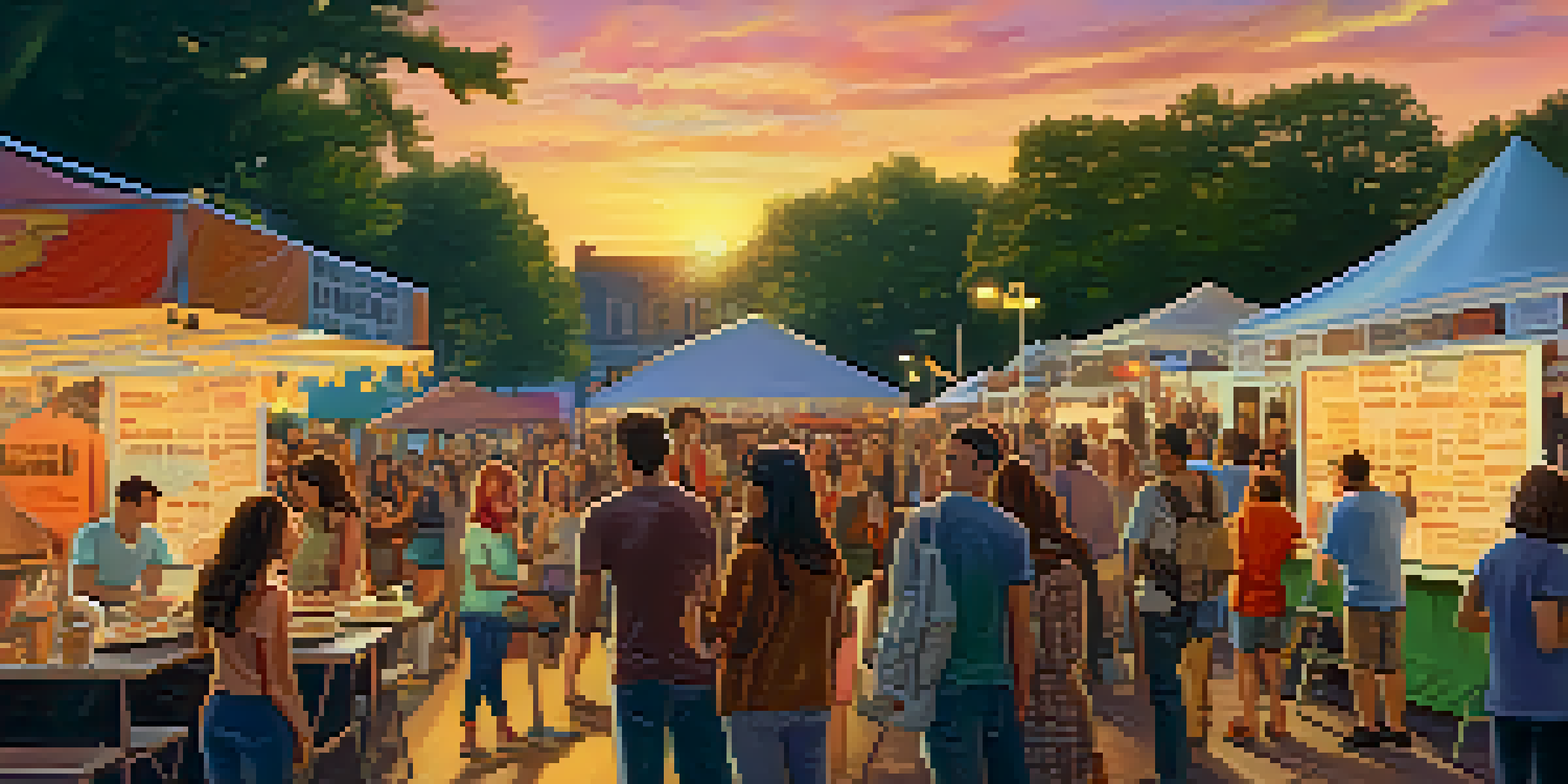 An outdoor film festival with colorful banners, diverse attendees, and food trucks during sunset.