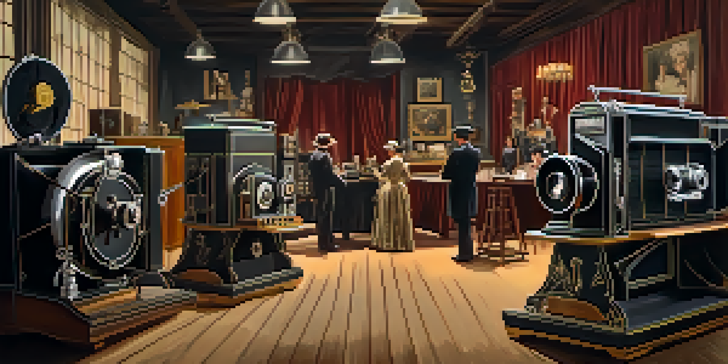 A vintage film set with actors in period costumes, classic cameras, and stage props, illuminated by soft warm lighting.