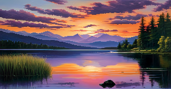 A picturesque sunset over a calm lake with vibrant colors reflecting on the water, surrounded by mountains and greenery.