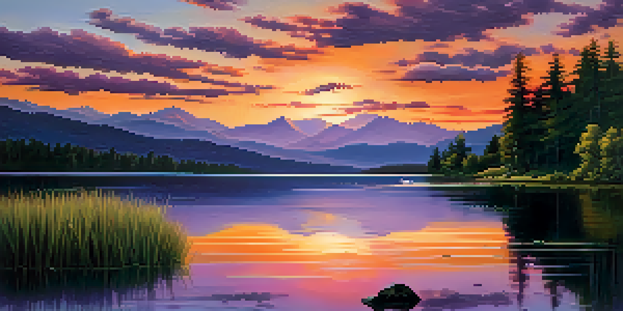A picturesque sunset over a calm lake with vibrant colors reflecting on the water, surrounded by mountains and greenery.