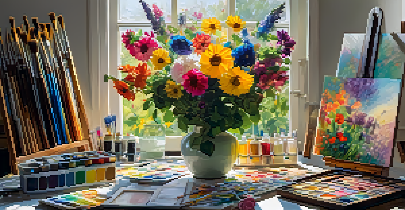 An artist's studio with colorful palettes and unfinished canvases, illuminated by sunlight, showcasing a vibrant flower painting.