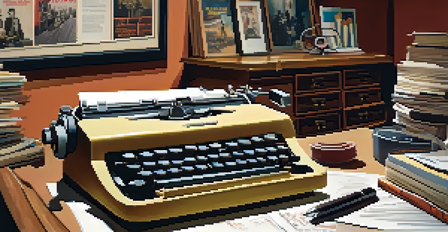 A film critic's desk from the 1960s with a typewriter, film reels, and handwritten notes, illuminated by a vintage lamp.