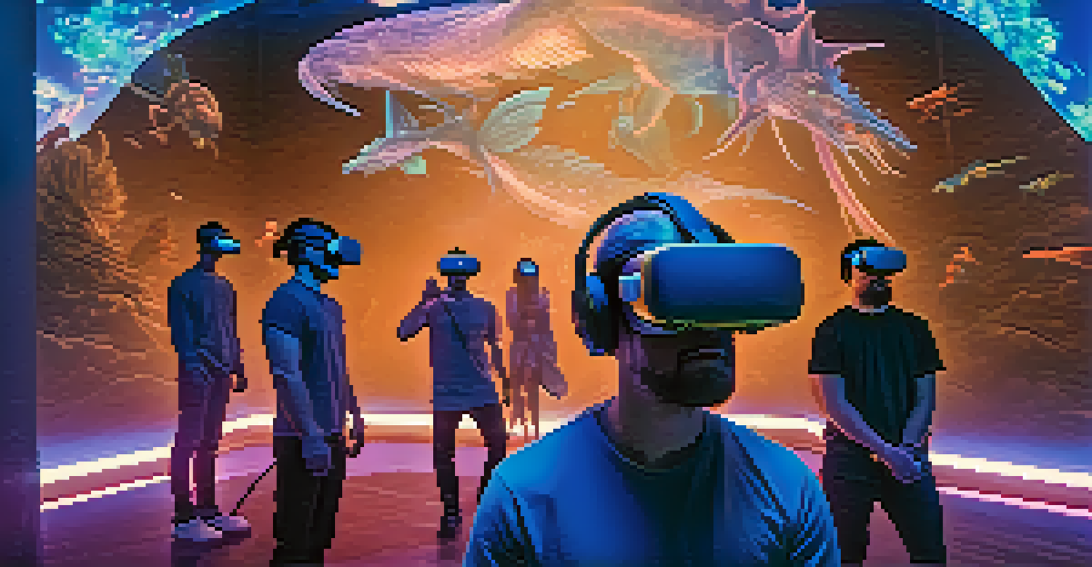 People using VR headsets in a futuristic room with holographic images of fantasy creatures.