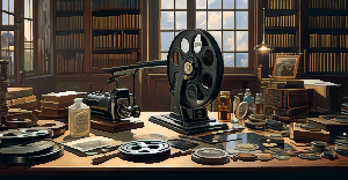 A vintage film restoration workshop with silent film reels on a wooden table, a restorer cleaning a film strip, and warm lighting creating a nostalgic atmosphere.