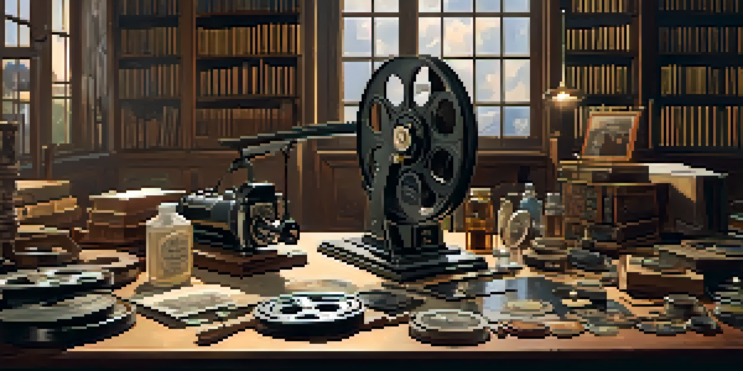 A vintage film restoration workshop with silent film reels on a wooden table, a restorer cleaning a film strip, and warm lighting creating a nostalgic atmosphere.