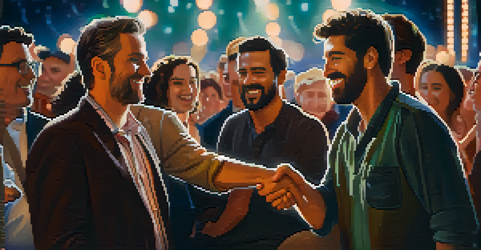 Two filmmakers shaking hands at a film festival, with a blurred crowd in the background, showcasing enthusiasm.