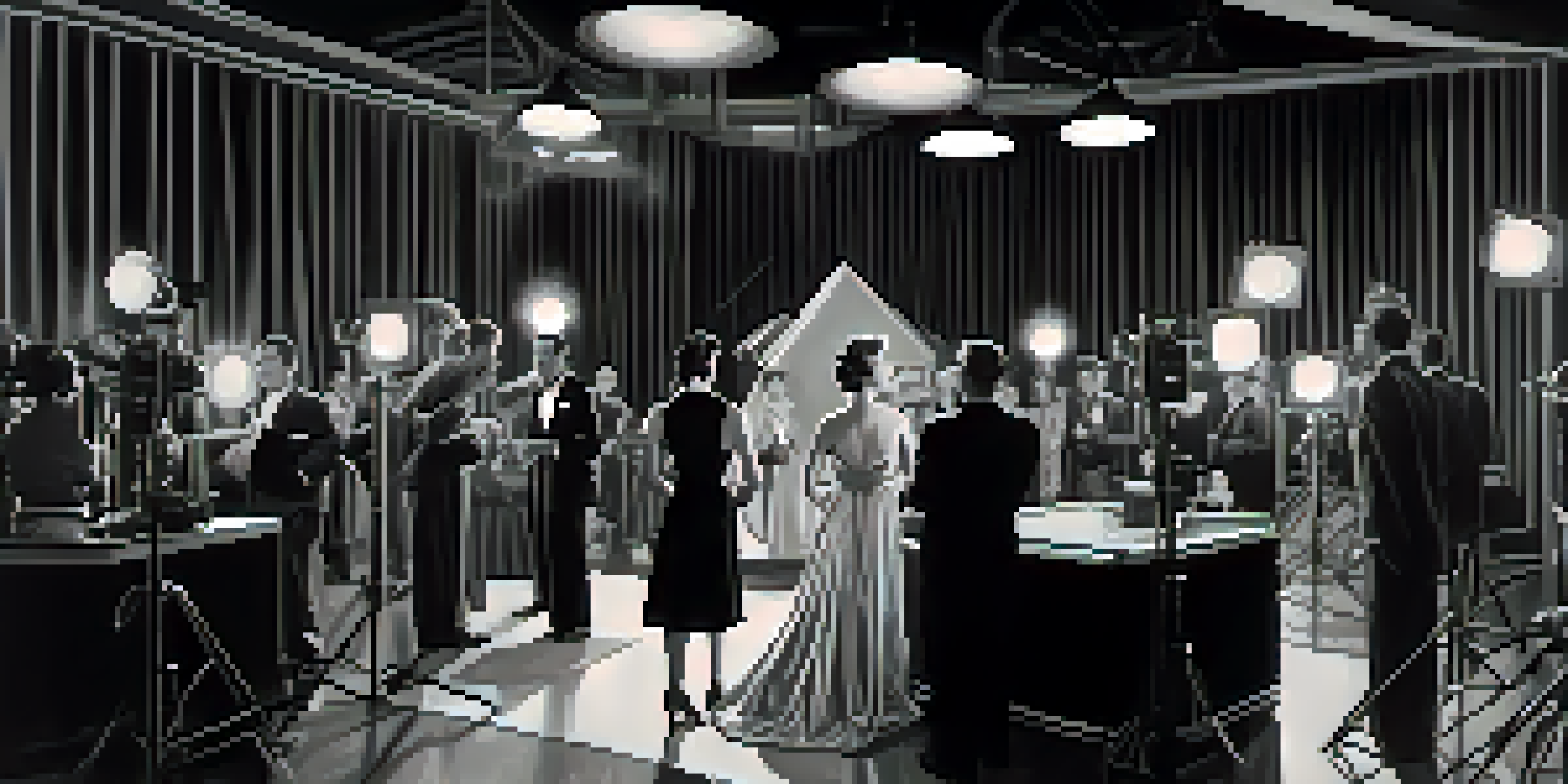 A black and white image of a glamorous actress from the 1940s on a film set, with vintage film equipment and crew members in the background.