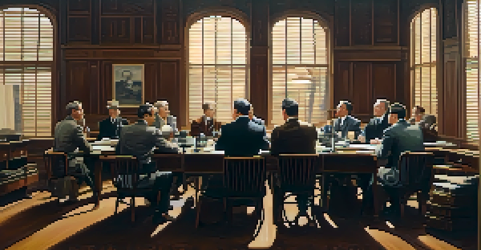 A historical scene depicting a film censorship board meeting with people in vintage attire discussing film reels.