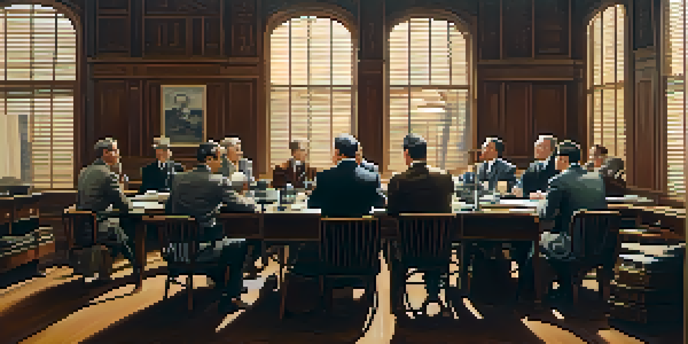 A historical scene depicting a film censorship board meeting with people in vintage attire discussing film reels.