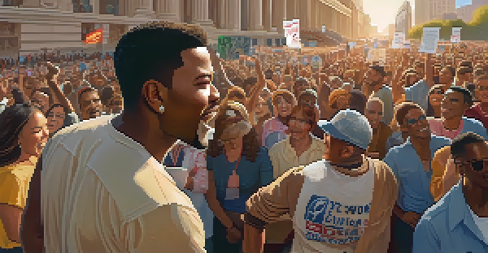 A celebrity passionately speaking at a social justice rally, with a diverse crowd in the background holding signs.