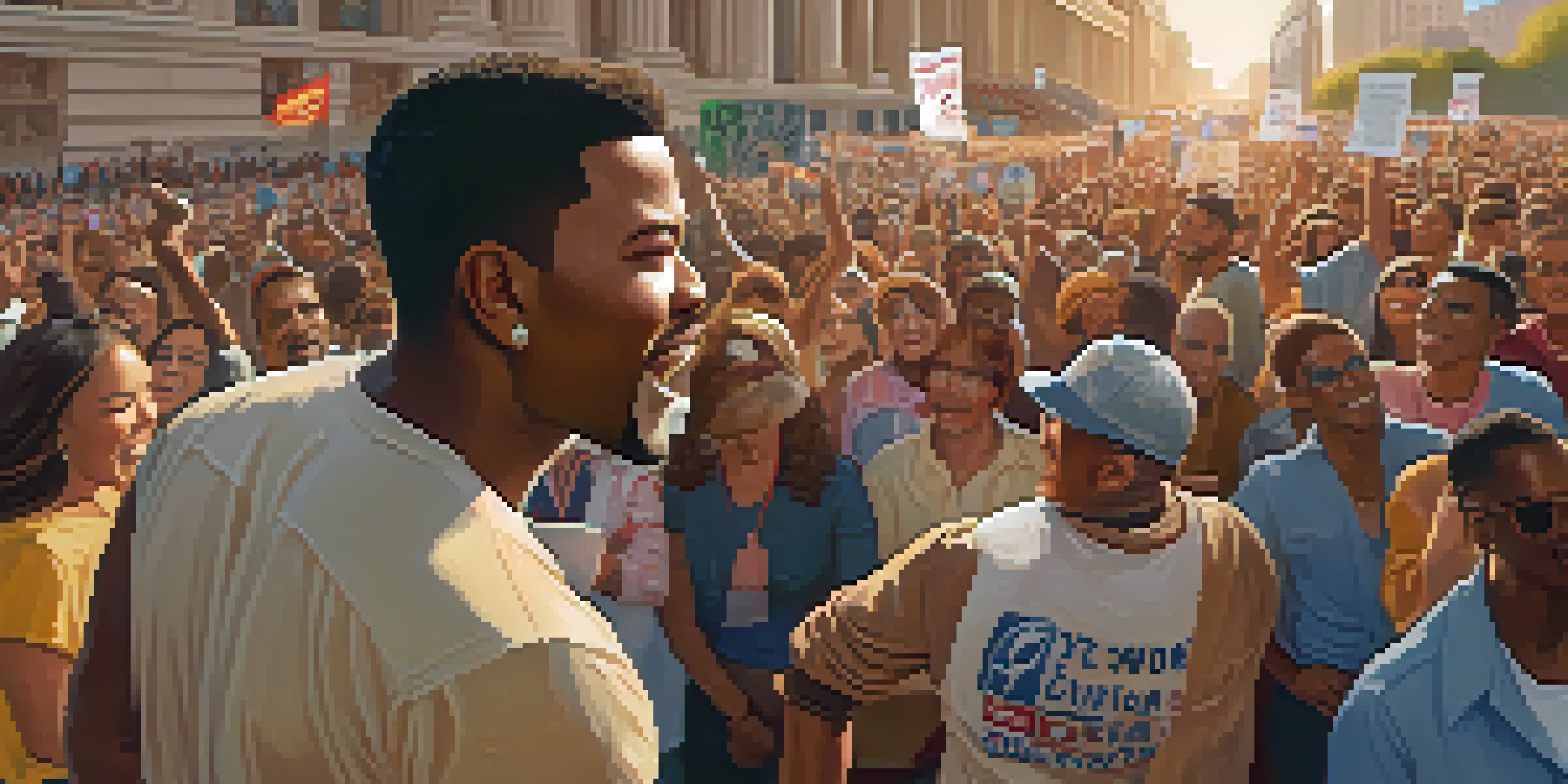 A celebrity passionately speaking at a social justice rally, with a diverse crowd in the background holding signs.