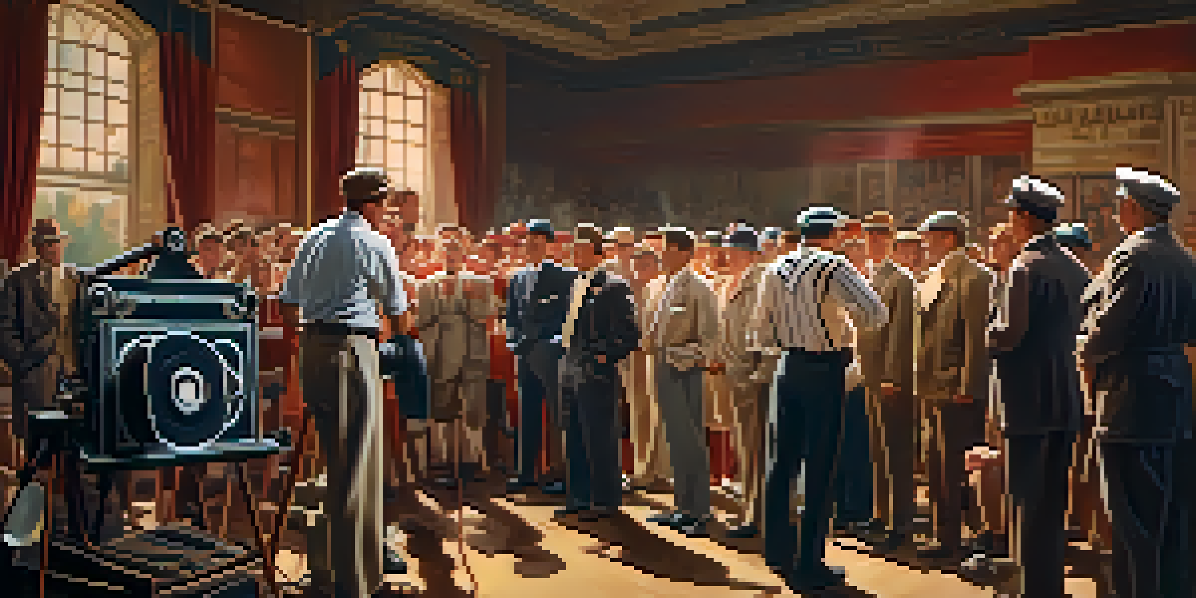 A vintage film set from the 1920s with a director guiding athletes in a sports scene, illuminated by warm lighting.