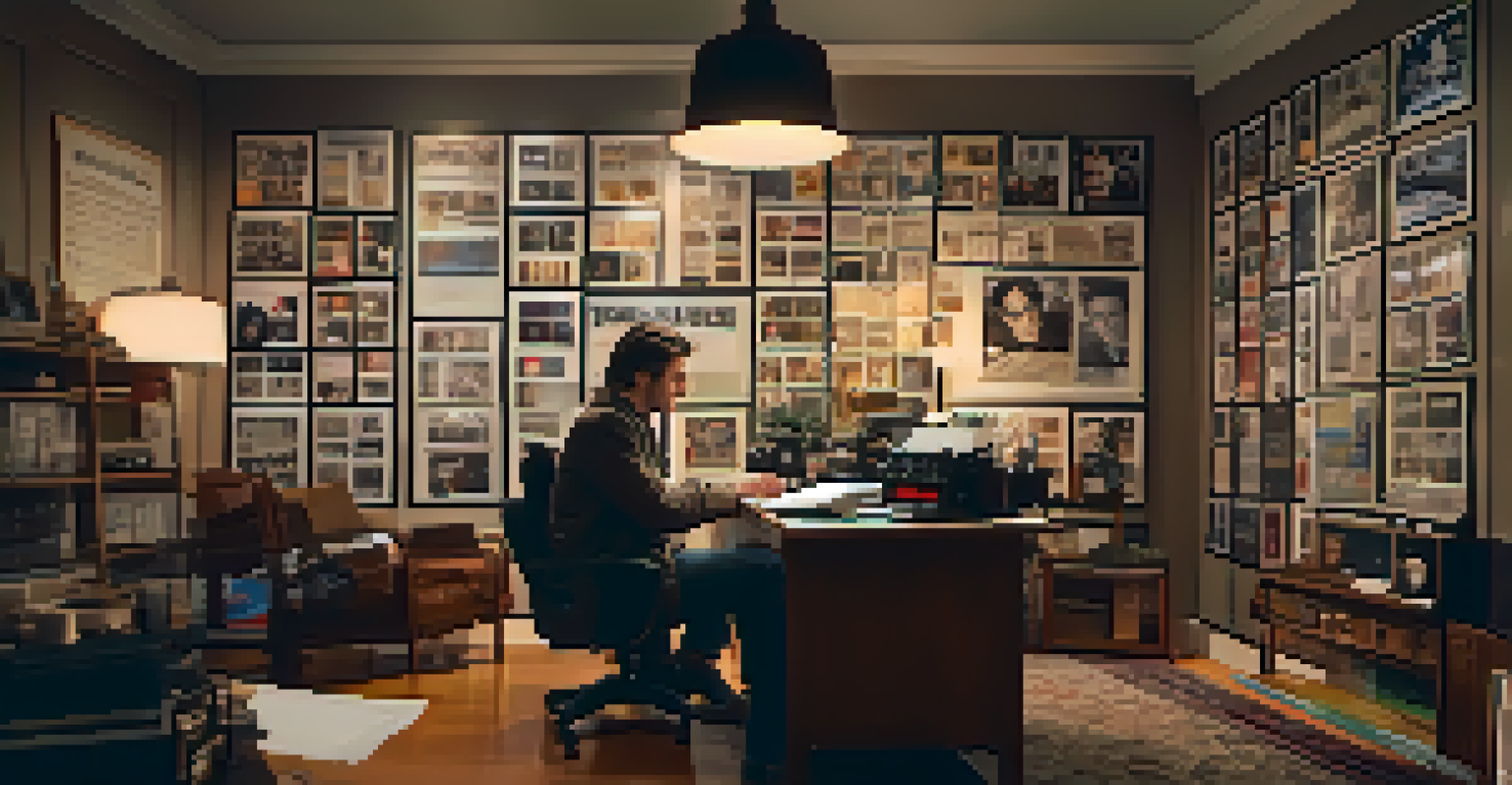 A film director in a cozy office, looking at a storyboard surrounded by film posters and vintage cameras.