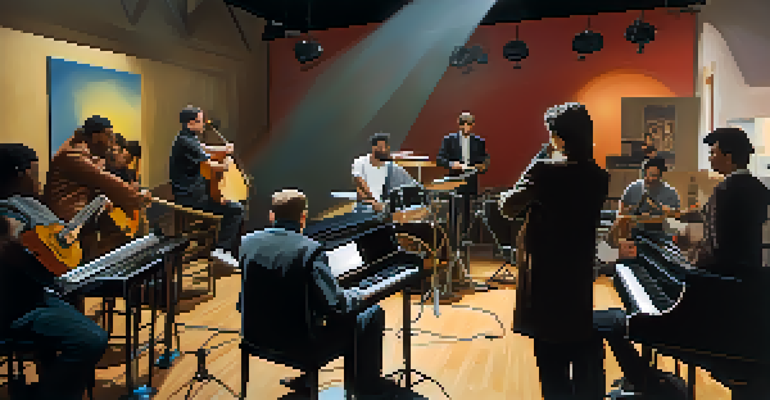A film set with musicians collaborating with filmmakers, surrounded by instruments and a movie screen.