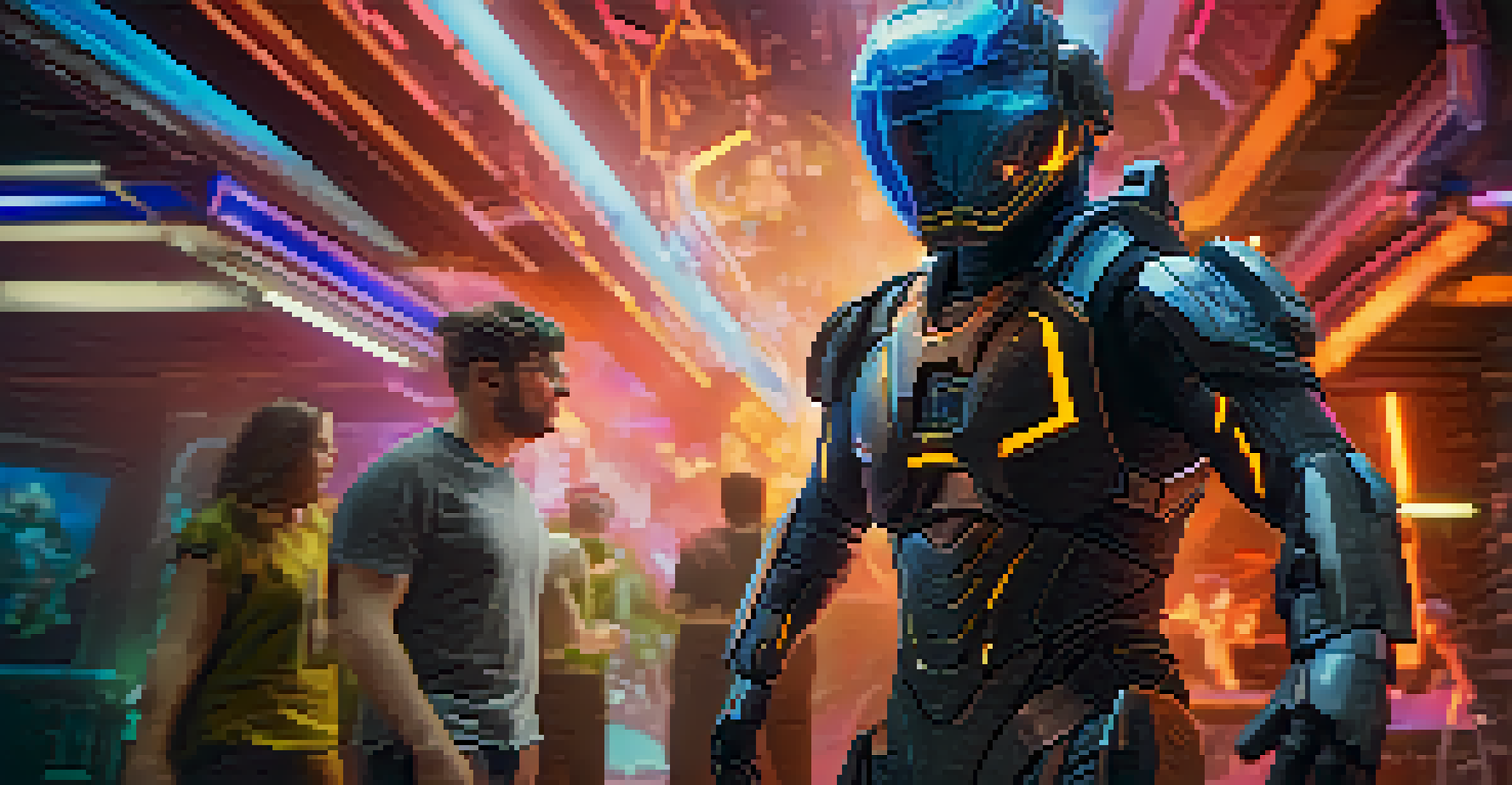 A voice actor in a motion capture suit performing for a fantasy video game character in a vibrant digital environment.
