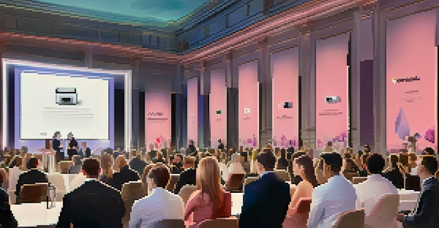 A product launch event with a new tech gadget on display, attendees admiring it, and elegant decorations.