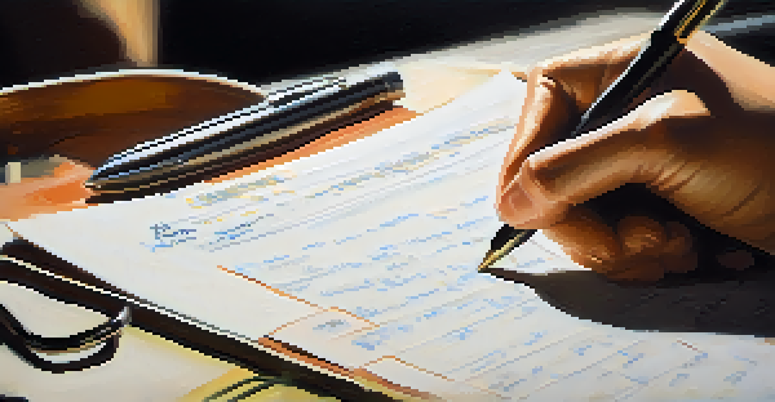 Close-up of a casting director's hands taking notes on a clipboard against a blurred film set background.