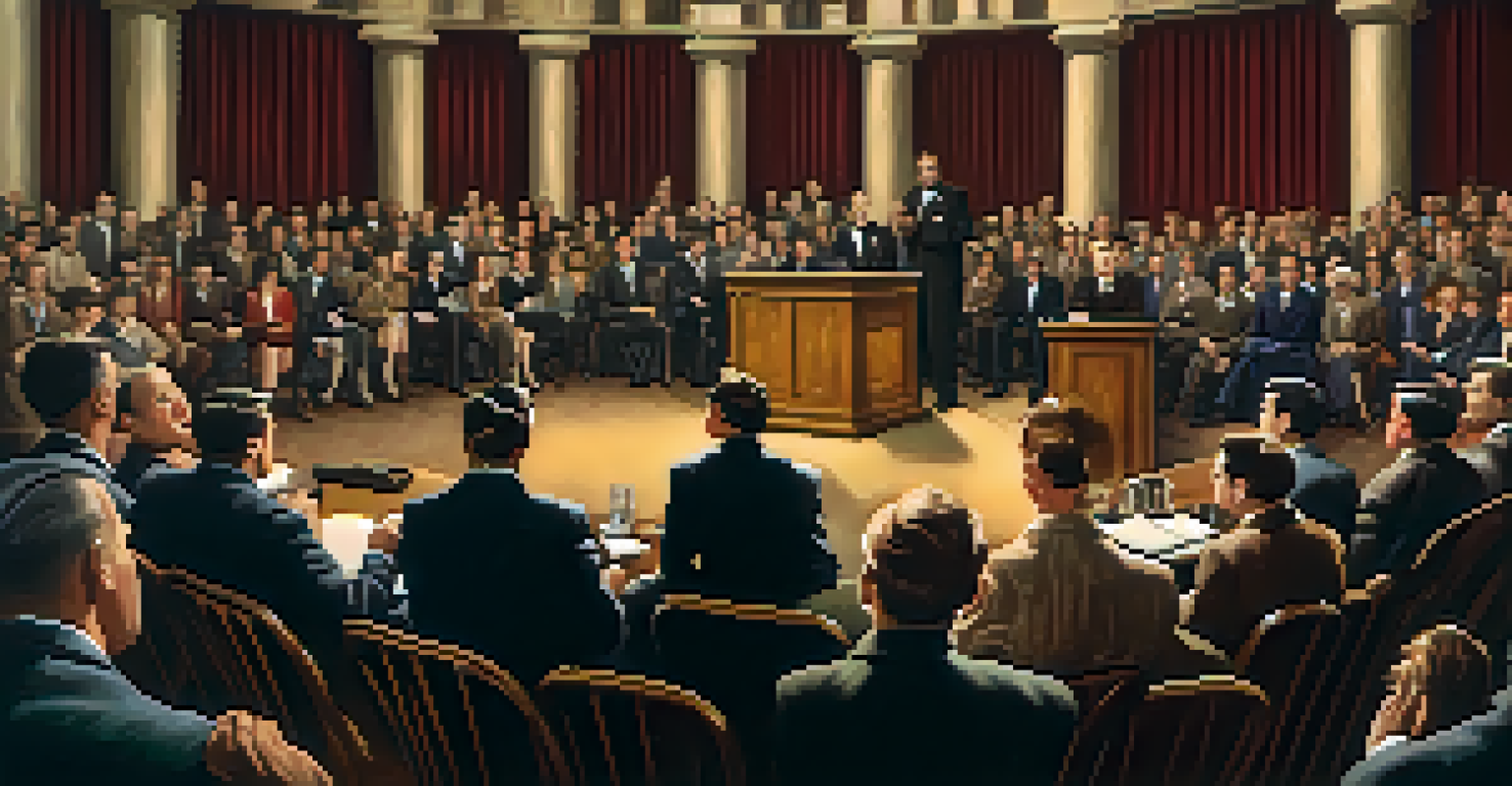 A dramatic public debate on film censorship in the 1930s, with a diverse group of individuals arguing at a podium in a crowded town hall.