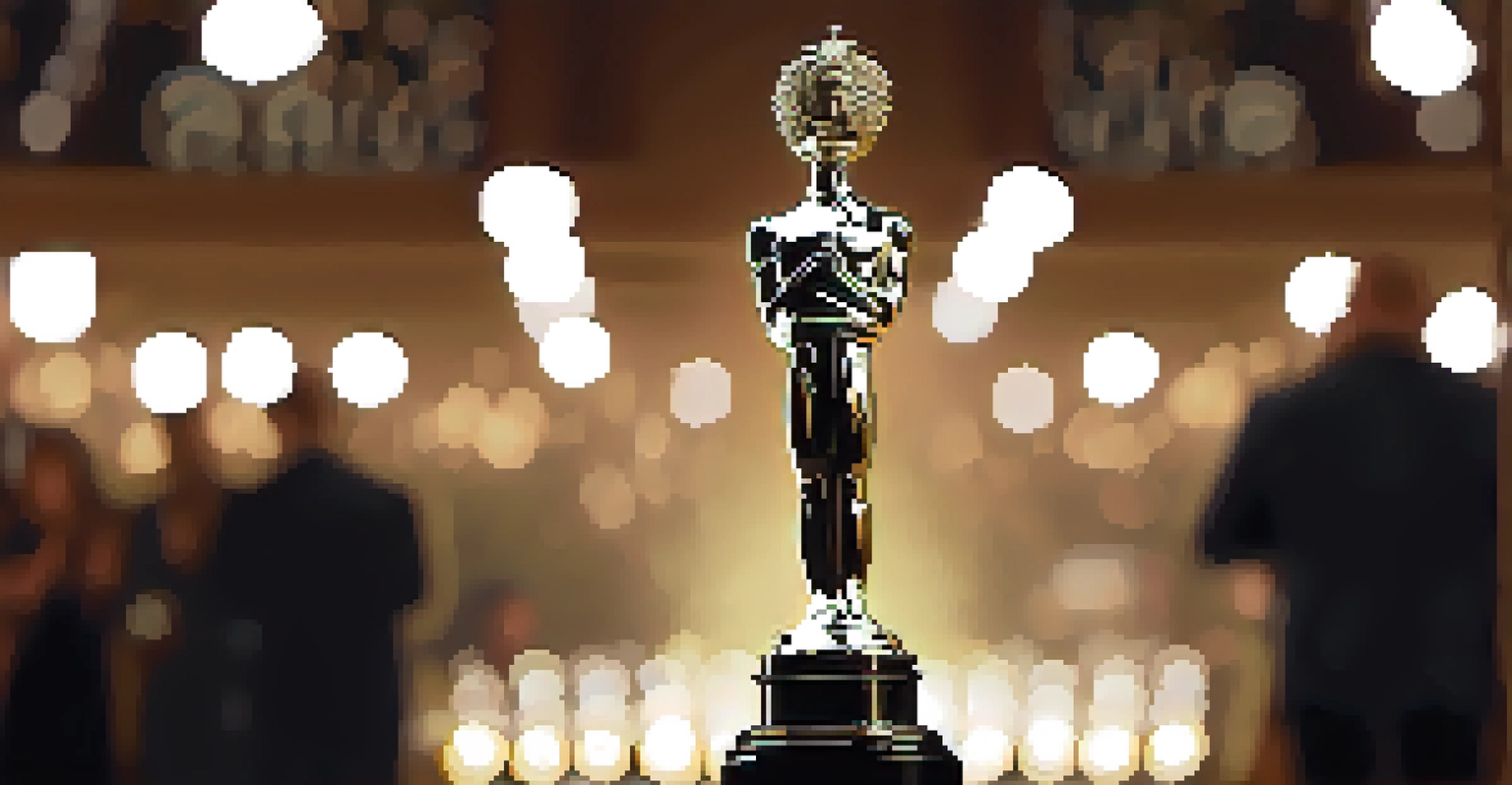 A close-up of a shimmering SAG Award trophy, with blurred silhouettes of actors in the background.