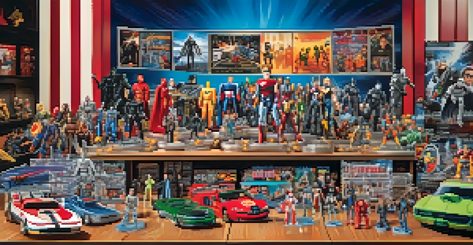 A colorful collage of movie franchise merchandise, including action figures and clothing, displayed on a wooden table with a blurred movie theater in the background.