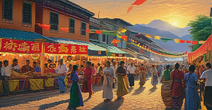 A lively street scene in a small town during a cultural festival, with colorful banners, diverse people dancing, and food stalls.