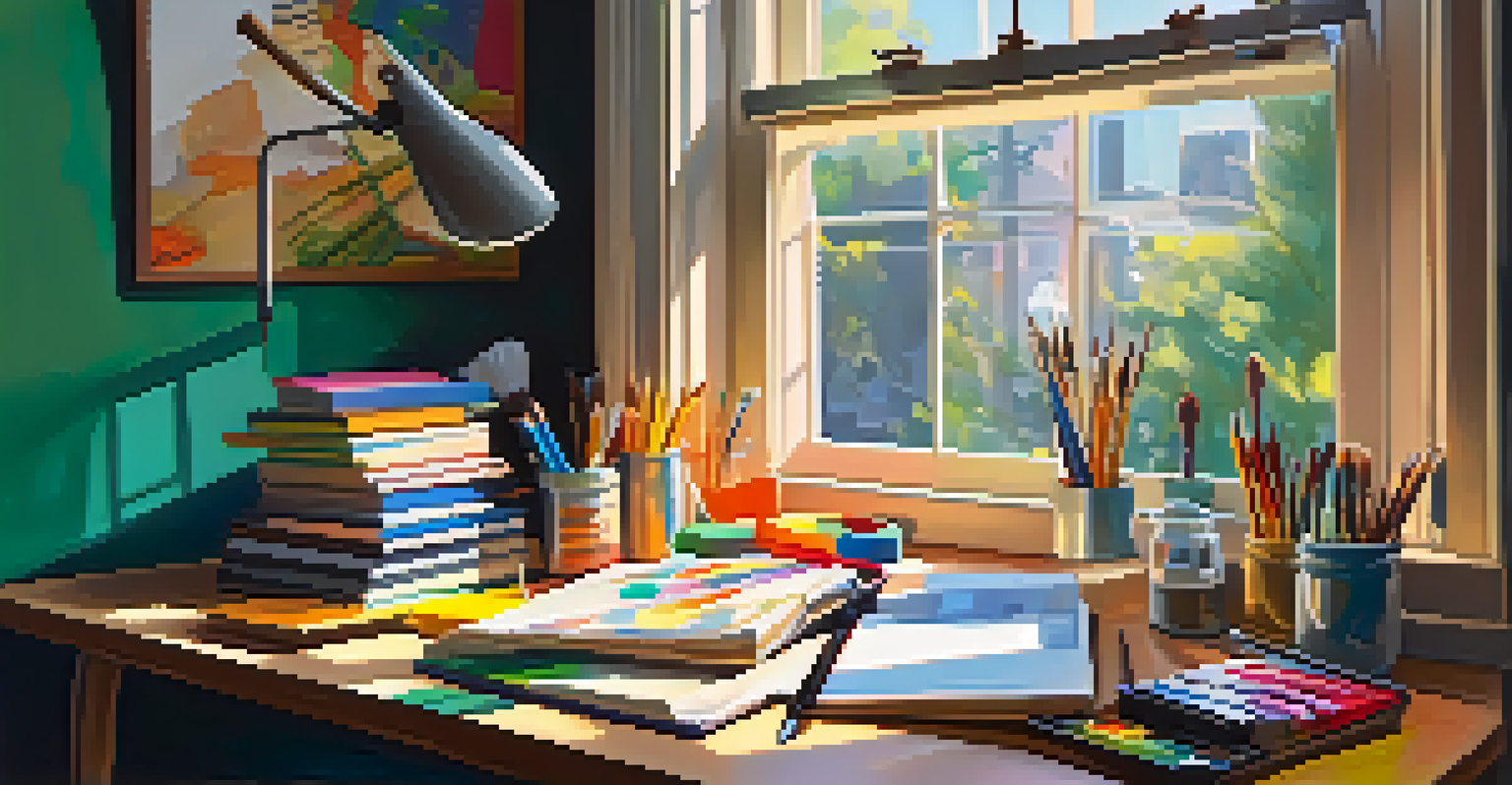 An artist's desk with a sketchbook and colorful art supplies, illuminated by soft daylight.