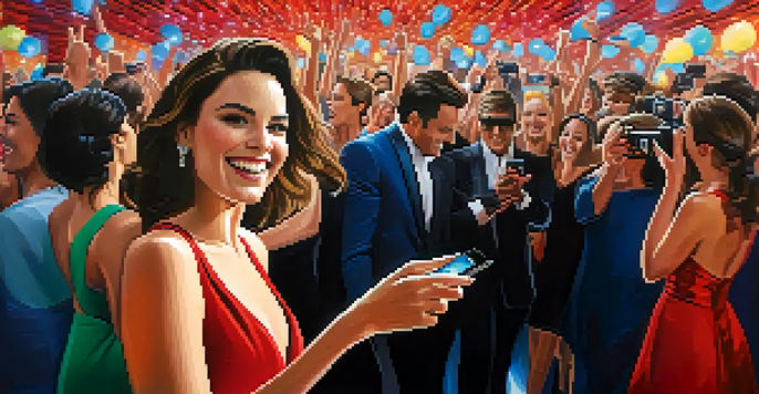 A celebrity greets fans at a red carpet event, surrounded by flashing cameras and excited onlookers, creating a lively atmosphere.