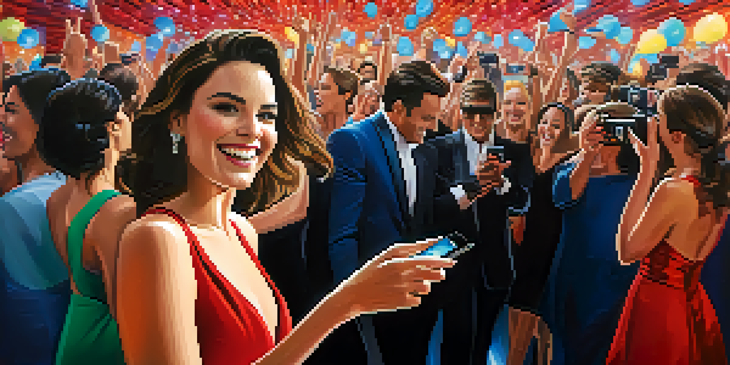 A celebrity greets fans at a red carpet event, surrounded by flashing cameras and excited onlookers, creating a lively atmosphere.